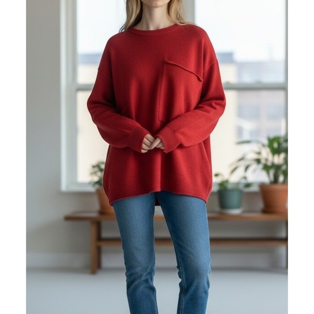 Free People Beach Red Oversized Open Back Sweatshirt Pocket Raw Hem M/L NEW